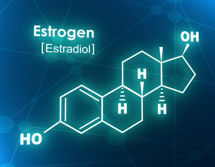 Chemical molecular formula hormone estrogen. Infographics illustration. 3D rendering