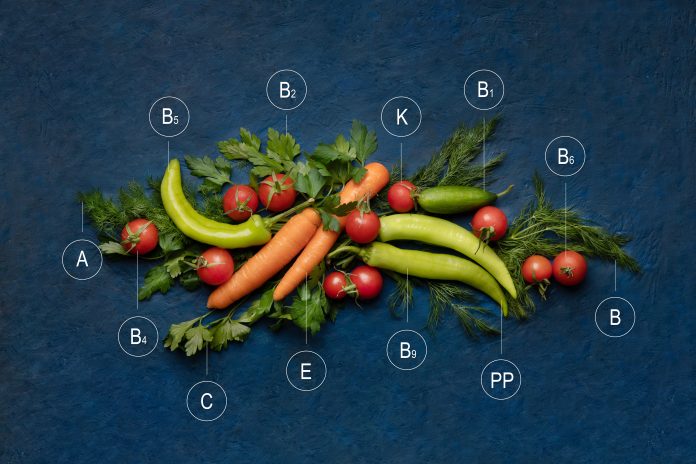 Natural vitamins concept. Vitamins in vegetables. Top view of vegetables and herbs on dark background. Natural products rich in vitamin A, B, B1, B2, B4, B5, B6, B9, C, E, K, PP
