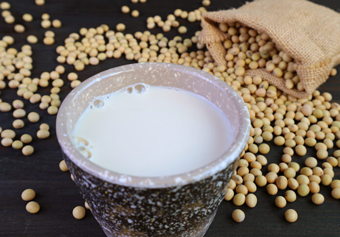 Cup of Soy Milk Isolated on the Table with Blurry Soybeans Scattered from Burlap Bag