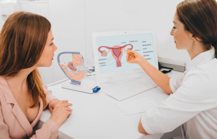 El ginecólogo se comunica con su paciente, señalando la estructura del útero, en su ordenador.
