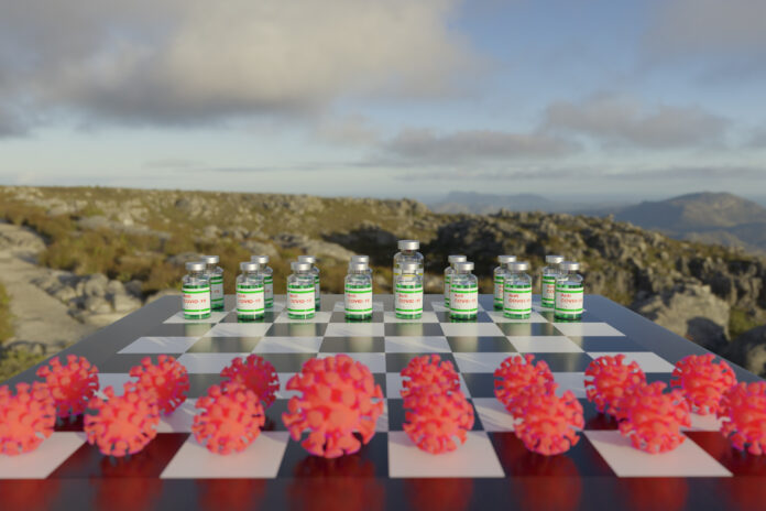 Ilustración en 3D de la vacuna Anti COVID-19 y del virus en el tablero de ajedrez