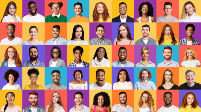 Diversity. Set Of Mixed Race People Portraits Smiling To Camera On Different Colorful Backgrounds. Panorama