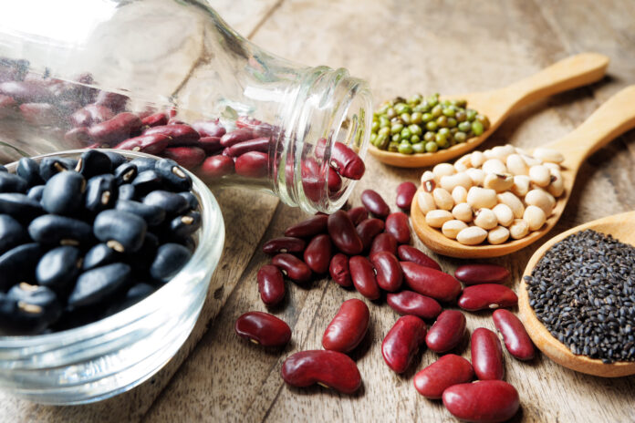 Healthy diet beans. Healthy food with kidney beans in bottle