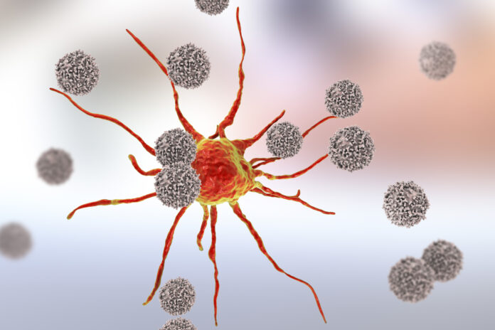 T-lymphocytes attacking cancer cell, 3D illustration. Anticancer immunity and treatment concept
