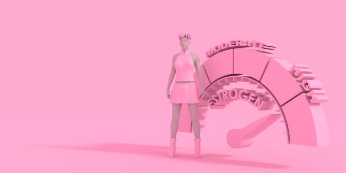 Woman stay near measuring device. Hormone estrogen level measuring scale. Health care concept illustration. 3D rendering