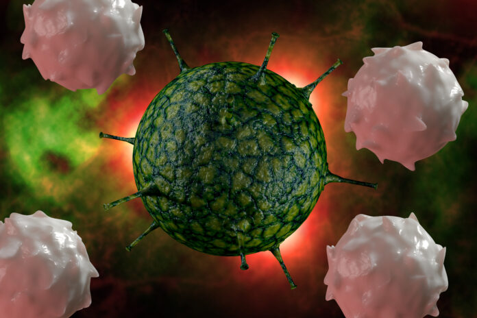 Enfermedad infecciosa virus del rinoceronte resfriado común célula conceptual ilustración 3D