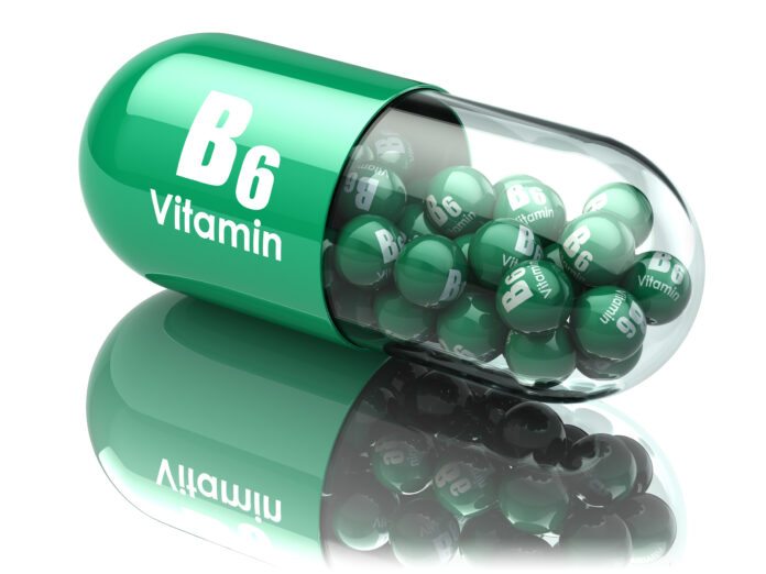 Cápsula o píldora de vitamina B6. Suplementos dietéticos. Ilustración 3d