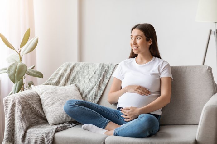 Young happy smiling pregnant woman sitting on couch in cozy living room